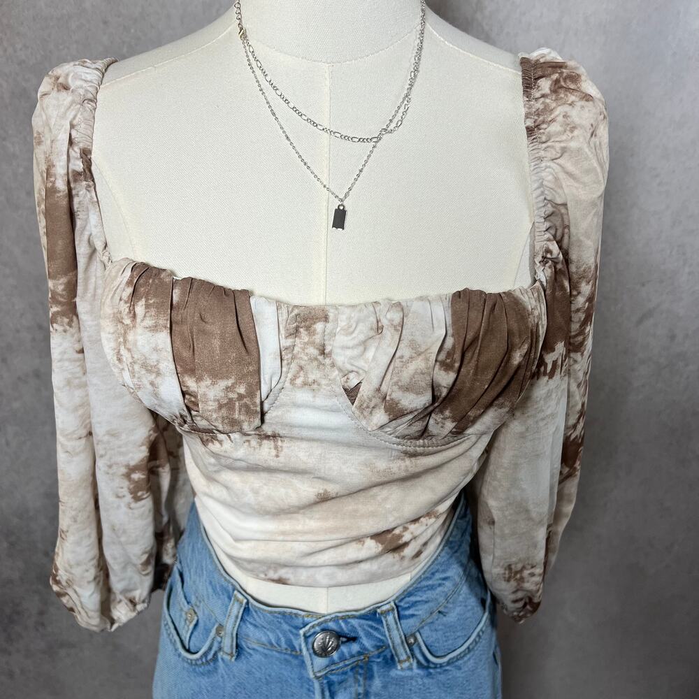Taupe Western Strapless Cropped Blouse Tie Back Size Medium - Picture 4 of 5